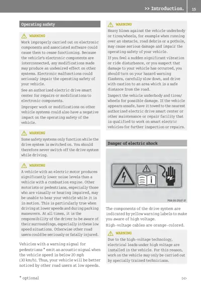 Page 15 of introduction section with multiple yellow warning boxes about EV safety procedures and electrical hazards.