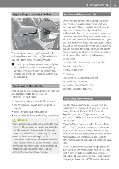 Owner manual page showing high-voltage disconnect device callout and vehicle problem troubleshooting contact details.