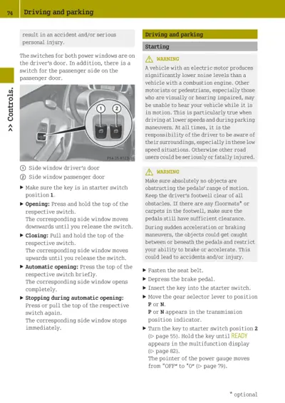 Diagram showing two numbered power window switches on car doors; text describing window operation and EV startup safety warnings.