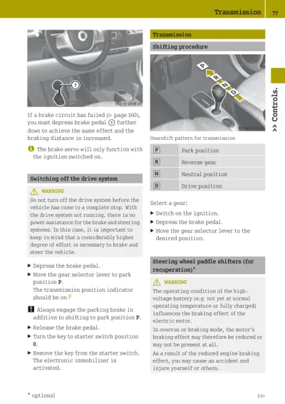 Transmission section showing gear selector positions and shifting instructions with brake pedal callout.