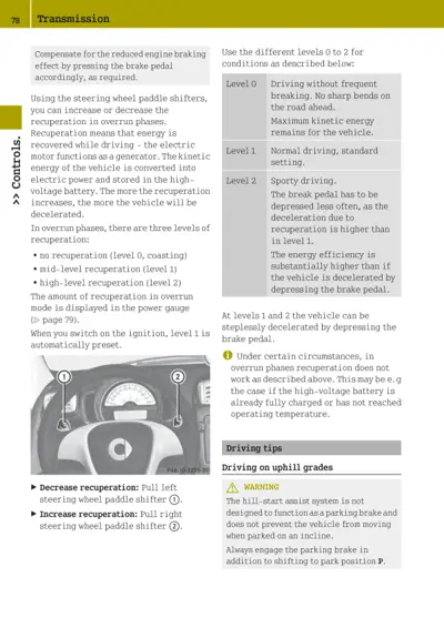 Transmission recuperation levels and steering wheel paddle shifter controls for electric vehicle energy recovery.