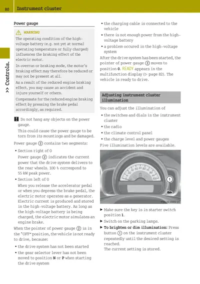 Page 80 showing power gauge warning, operation details, and instrument cluster brightness adjustment instructions with dial image.