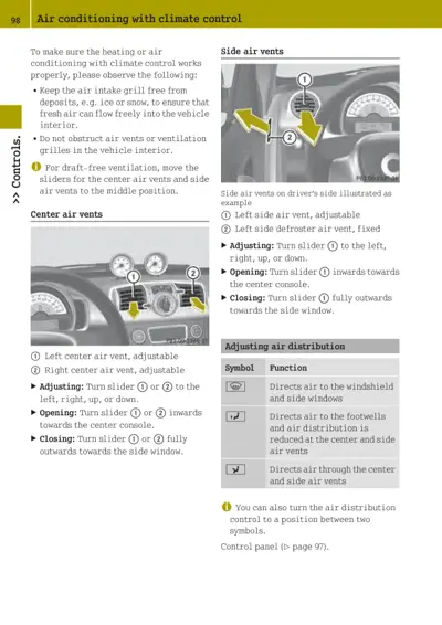 Dashboard showing center air vents and side air vents with numbered callouts and adjustment instructions.