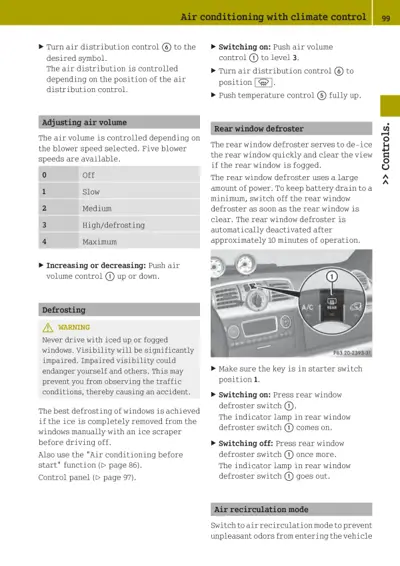 Smart Fortwo air conditioning controls and procedures including blower speeds, rear window defroster switch location, and defrosting warnings.