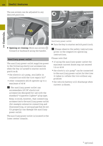 Owner manual page showing sun screen control and 12V power outlet with callout indicators