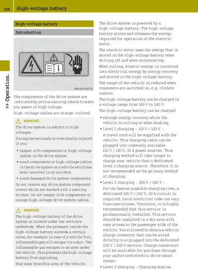 Page 108 explaining high-voltage battery function, warnings, and three charging levels.