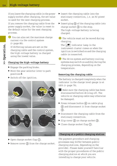 Four-panel instructional diagram showing charge socket flap, cover removal, and cable plug insertion steps.
