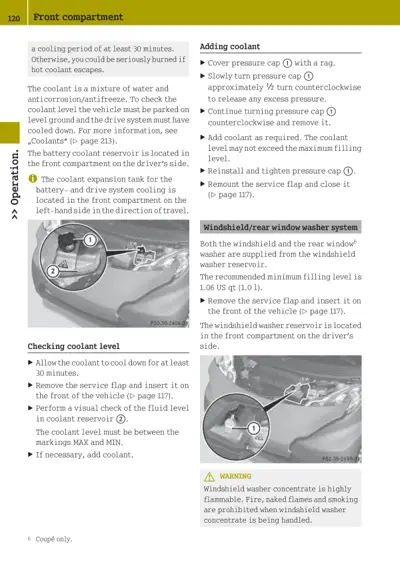 Two photographs showing coolant reservoir locations and windshield washer reservoir in front compartment with numbered callouts.