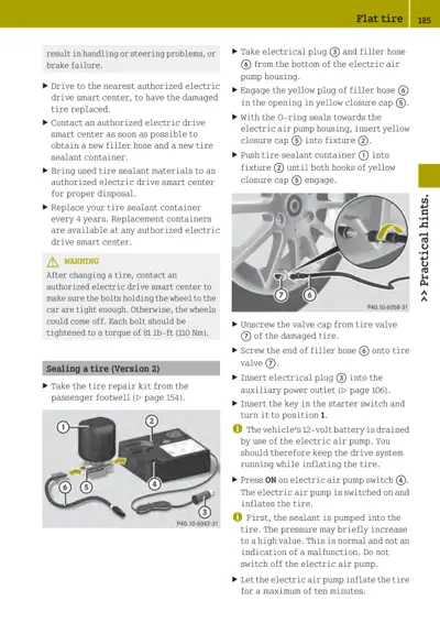 Tire sealant kit parts diagram with numbered components and step-by-step sealing instructions for electric vehicles.