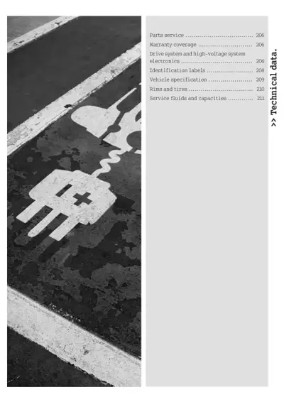 Table of contents page listing technical data sections with page numbers 206-211.
