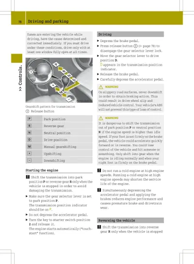 Gearshift lever diagram with positions P, R, N, D, M and driving instructions with safety warnings.