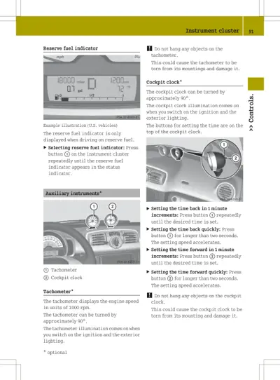 Instrument cluster page showing fuel gauge, tachometer, clock controls, and numbered callout diagrams
