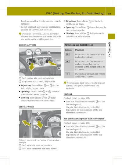 Diagram showing adjustable center and side air vents with operation instructions and air distribution control symbols.