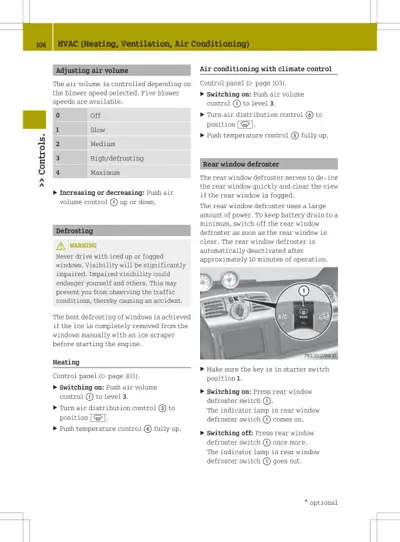 HVAC controls page showing blower speeds, defrosting warnings, heating settings, and rear window defroster switch location with callout diagram.