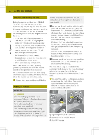 Refueling instructions with numbered callouts showing fuel filler flap location and cap insertion on passenger side.
