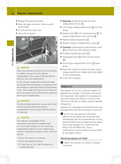 Engine compartment access instructions with labeled diagram showing cover removal steps and oil level checking guidance.