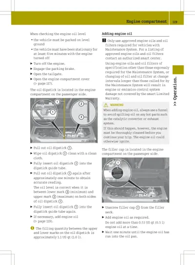 Oil dipstick with numbered callouts and oil filler cap removal instructions in engine compartment.