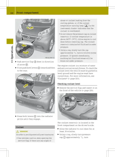 Front compartment diagrams showing service flap operation and coolant reservoir location and level checking.