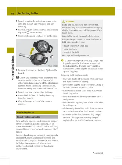 Practical hints section on replacing vehicle bulbs with numbered callouts and warning text.
