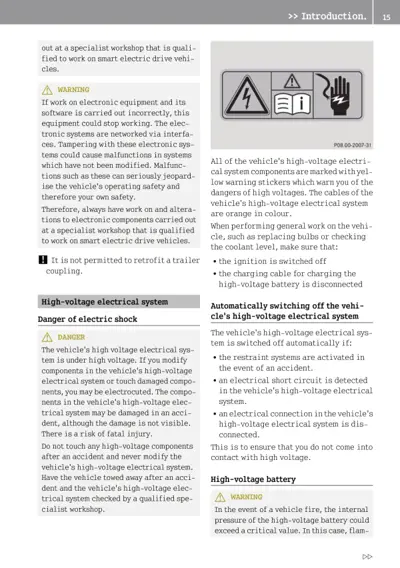 Owner manual page explaining EV high-voltage system dangers, warning symbols, and automatic safety shutoff conditions.