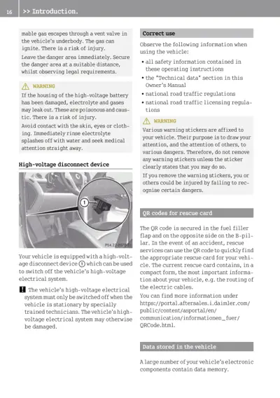 Introduction page showing high-voltage disconnect device on steering wheel and safety information for EV operation.