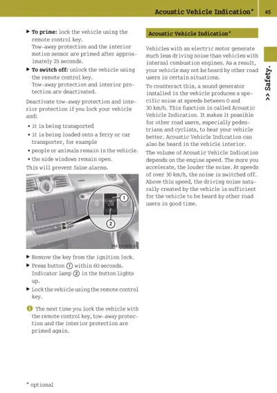 Owner manual page describing electric vehicle acoustic warning system with steering column button callouts and operational instructions.