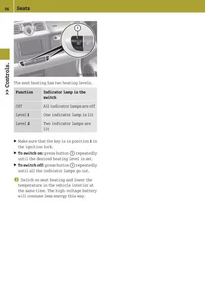 Seat heating switch with callout showing button location and heating level indicator lights.