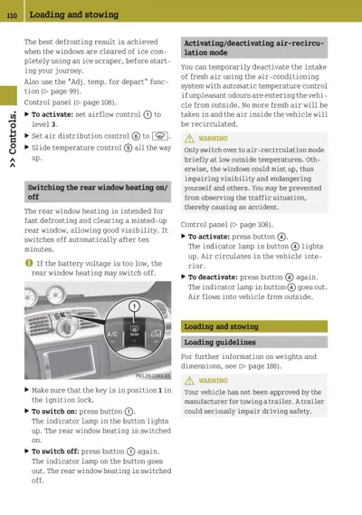 Owner manual page showing climate control procedures, rear window heating button location on dashboard, and vehicle loading warnings.