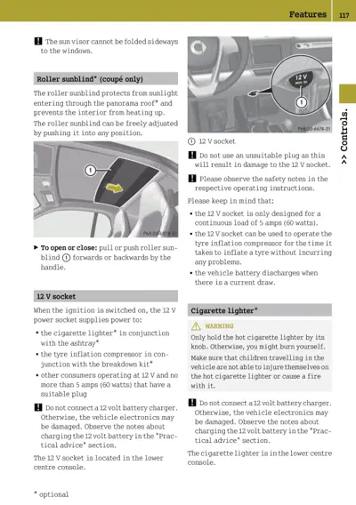 Interior features page showing sun visor, roller sunblind control, 12V power socket, and cigarette lighter with numbered callouts.