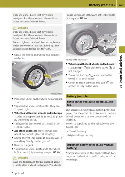 Wheel installation steps with hub cap details and vehicle electrical system notes for EV models.