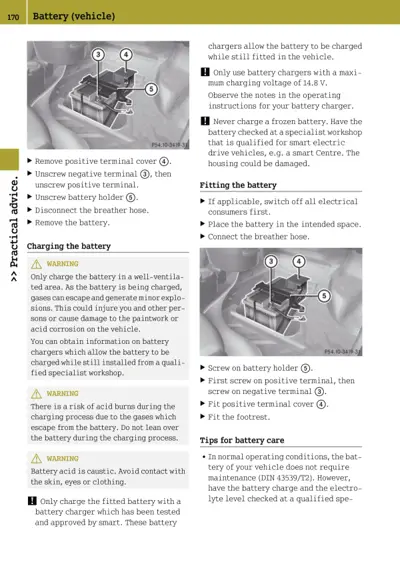 Two grayscale photos showing battery terminals labeled 3, 4, 5 with removal and installation steps.