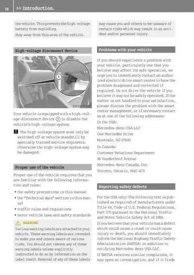 Introduction page showing high-voltage disconnect device callout and vehicle safety information.