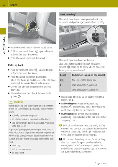 Page showing seat backrest adjustment lever and seat heating switch with indicator lamp levels.