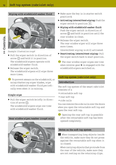 Steering wheel wiper switch controls and rear window wiper operation diagrams with numbered callouts.
