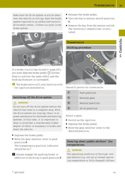 Gearshift lever positions showing P, R, N, D selections and numbered callout on brake pedal.