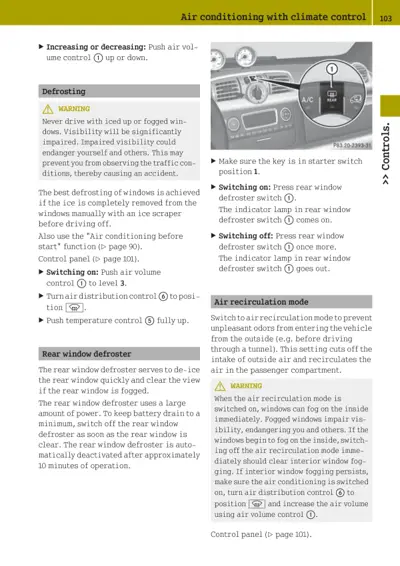 Page 103 showing HVAC defrosting and air recirculation mode instructions with numbered control callouts on dashboard photo.