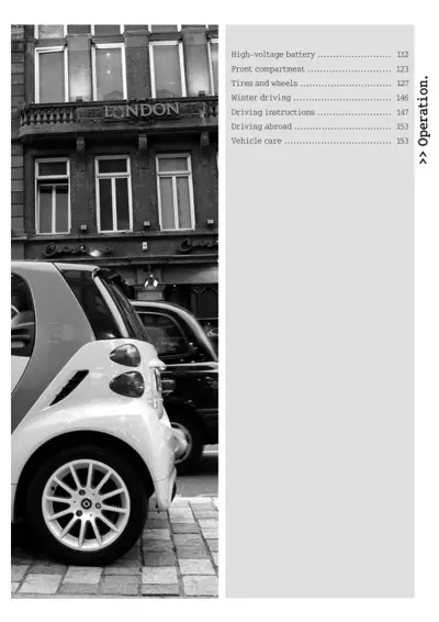 Table of contents page showing operation topics and page numbers for electric smart car manual.