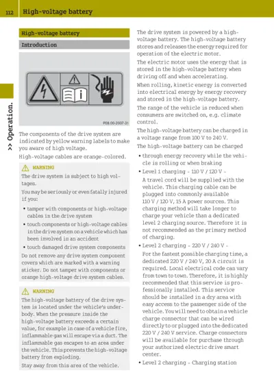 Electric vehicle battery safety information with warning icons and charging specifications.