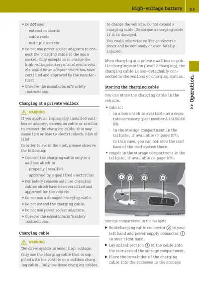 Text page with charging cable storage instructions and numbered photo showing tailgate storage compartment.