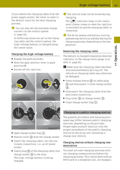 Four photos showing EV charging cable insertion into vehicle charge socket with numbered callout indicators 1-5.