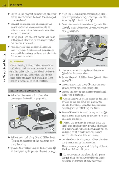 Diagram showing tire sealant container, electric air pump, filler hose, and valve cap installation steps for flat tire repair.