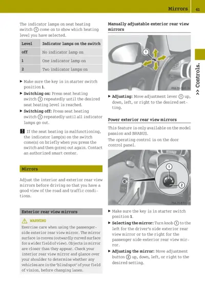 Page 61 showing mirror adjustment procedures and seat heating switch indicator levels for Smart Fortwo.