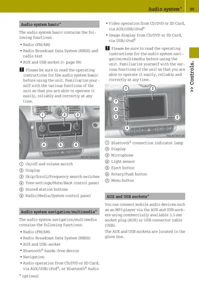 Two labeled diagrams of audio system controls showing on/off switch, display screen, and six numbered control buttons.