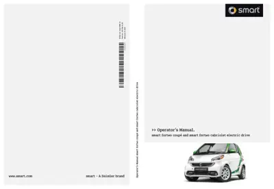 Smart operator's manual cover showing fortwo electric vehicle and barcode identifier.