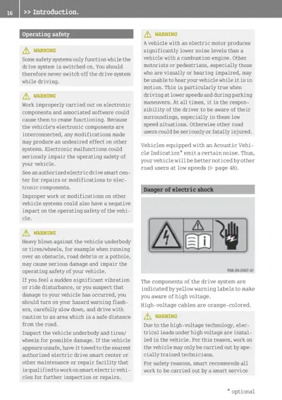 Safety warnings about drive system, electronic components, electric shock, and high-voltage cables on EV.