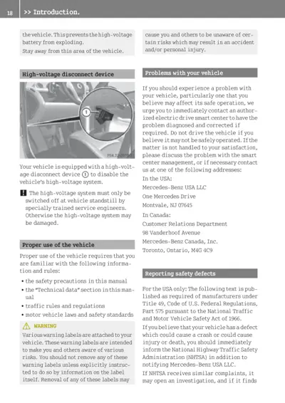 Introduction page showing high-voltage disconnect device with callout, safety warnings, and vehicle problem reporting procedures.