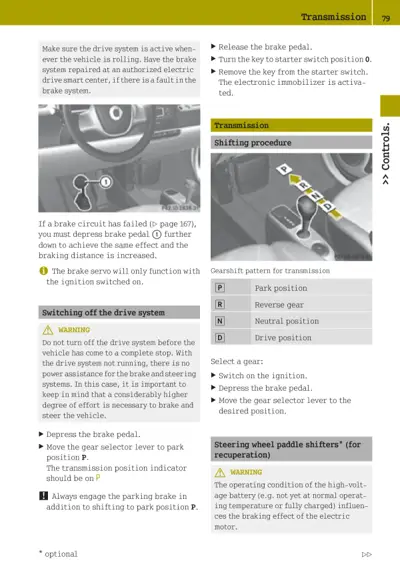 Gearshift lever positions showing P, R, N, D selections and shifting procedure steps.