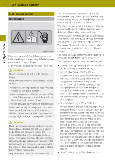 Introduction to high-voltage battery with warning symbols and safety information text.