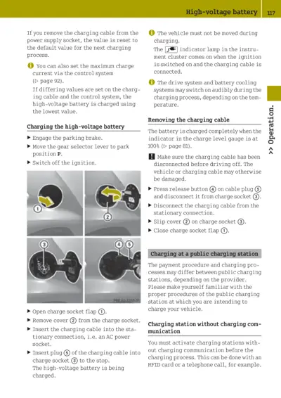 Charging instructions for electric smart car battery with labeled cable components and safety warnings.
