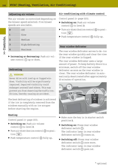 Page 106 describing HVAC controls including blower speeds, air distribution, temperature, and rear window defroster with steering wheel detail image.